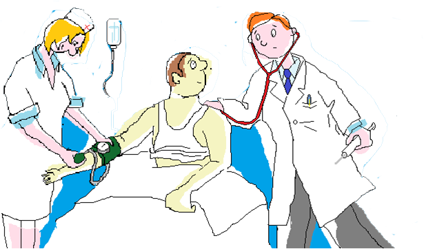 L'immagine raffigura un'infermiera che misura la pressione al paziente e il medico che visita il paziente.ziente e un 